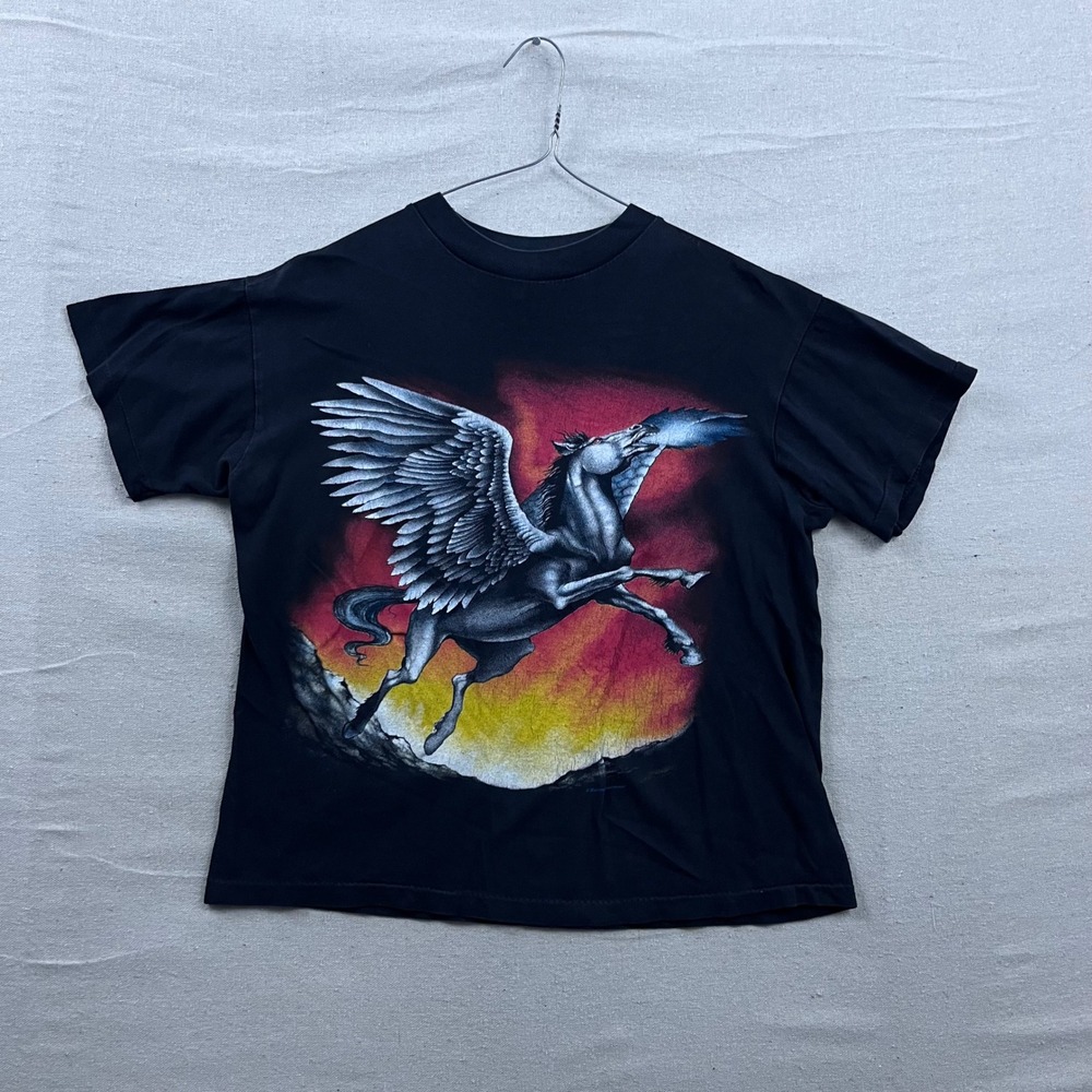 Tourchamp Pegasus Graphic T-Shirt Mens Medium Black Vintage Fire Breathing Horse